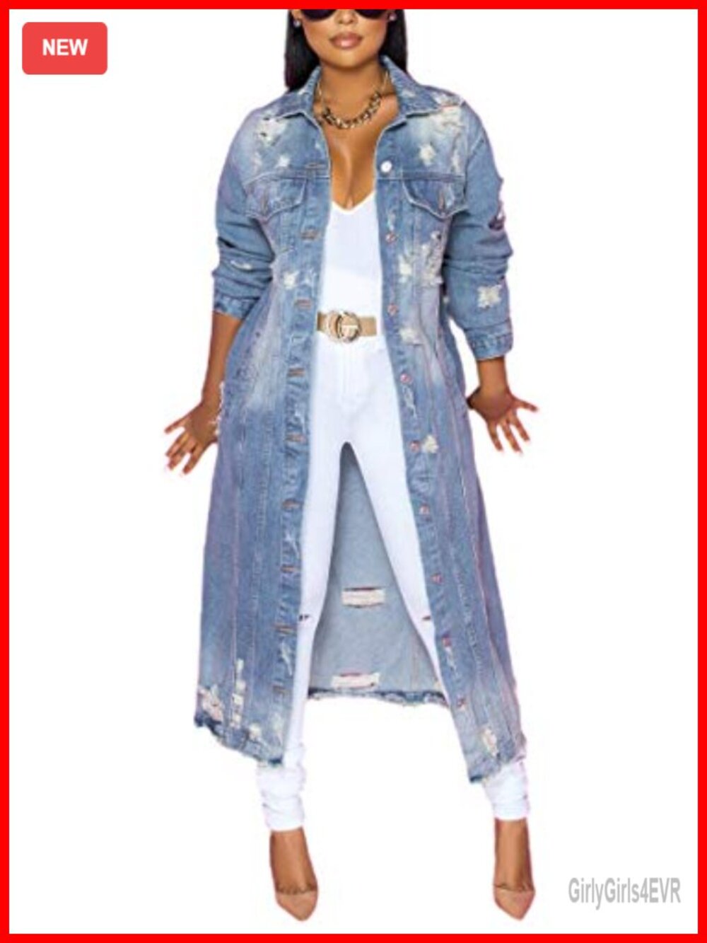 Oversized Distressed Denim Maxi Trench Coat Button Down Long Jacket